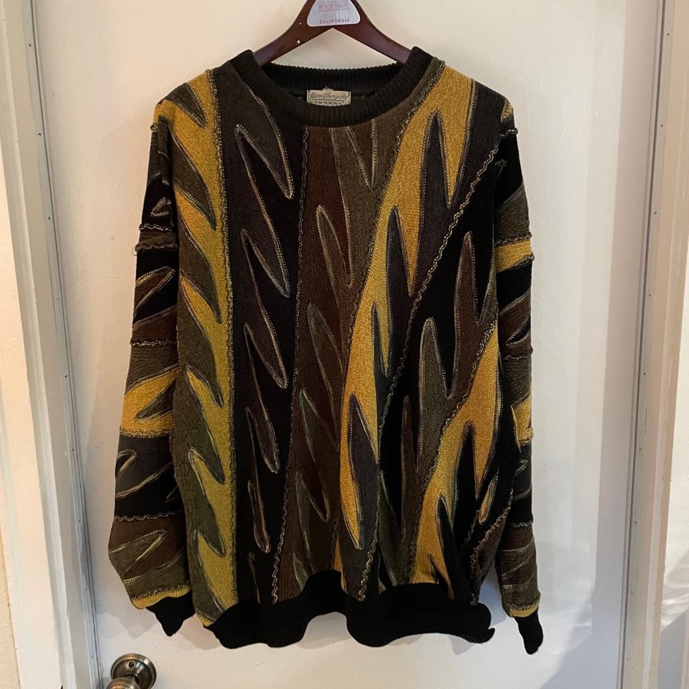 Vintage Norm Thompson Tundra Cosby 3D Striped Mens XL Sweater Gold Black